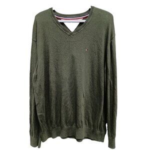 Tommy Hilfiger Mens Sweater Size XL Olive Green V Neck Pullover Preppy